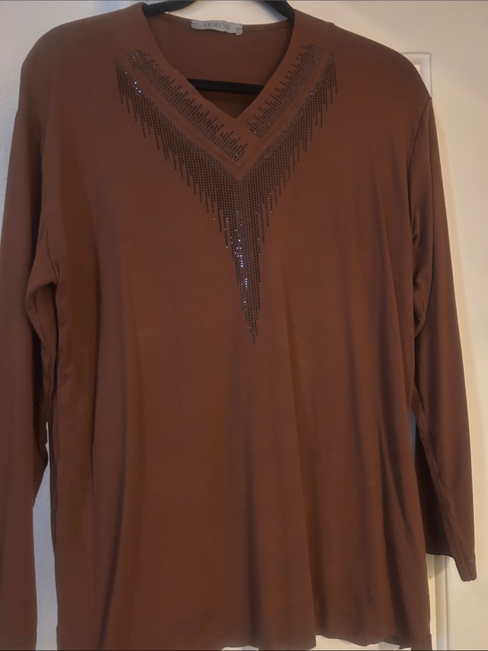 Giorgio Armani Brown Long Sleeve V-Neck Top with Sequin Detail